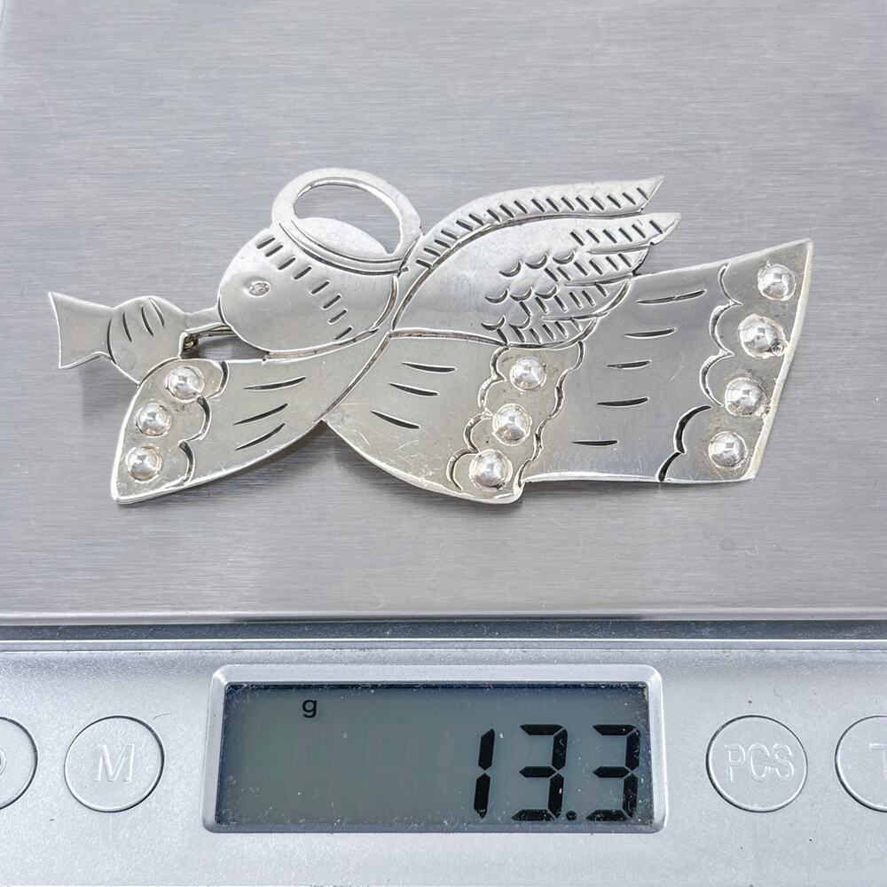 Estate Mexico Sterling Silver 925 Trumpeting Angel Brooch Pin - Picture 7 of 7